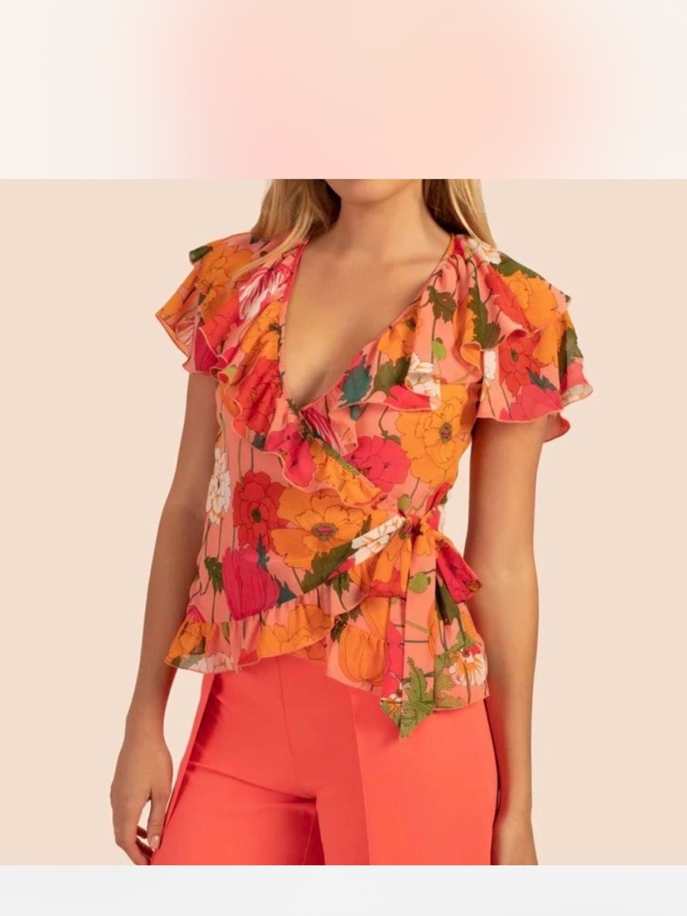 Trina Turk Floral Ruffle Wrap Top in Orange and Pink